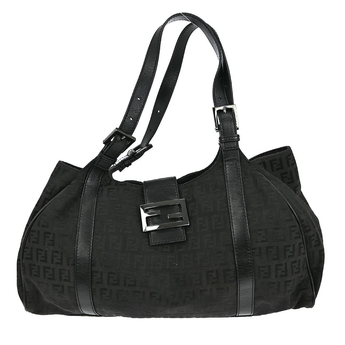 Fendi Belted Shoulder Bag Zucchino Canvas Black Canvas Handbag