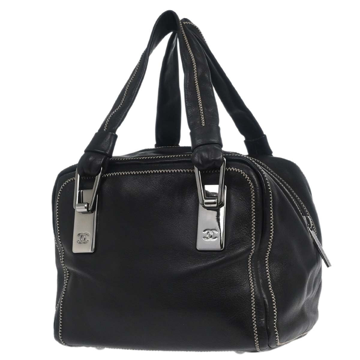 Chanel Cc Bowler Leather Black Leather Handbag