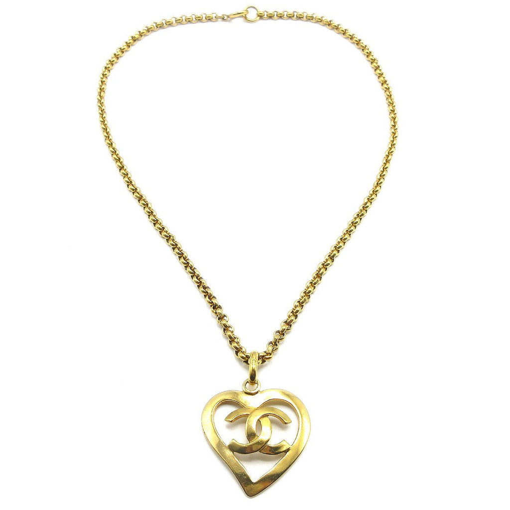 Chanel Cc Heart Pendant Necklace Metal Gold Gold_Plated Necklace Jewelry