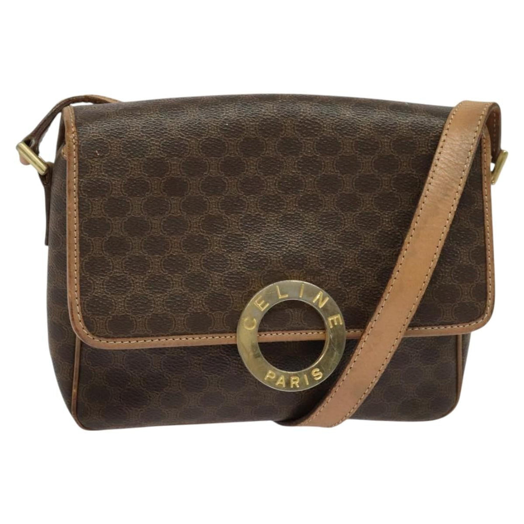 Celine Vintage Macadam Circle Logo Shoulder Bag Canvas And Leather Brown Canvas Shoulder Bag Bag