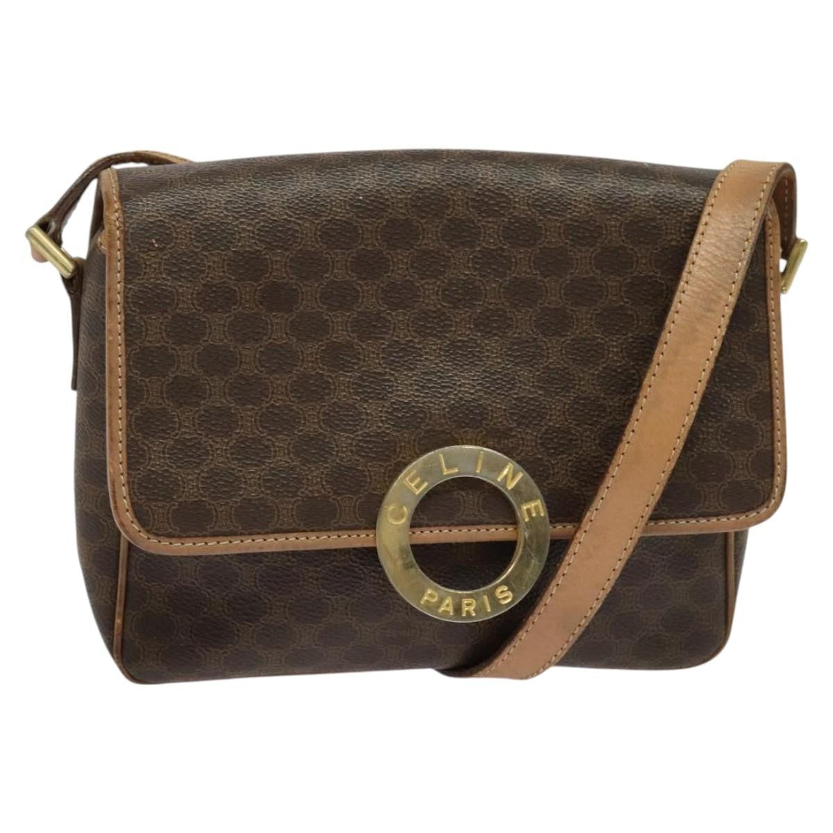 Celine Vintage Macadam Circle Logo Shoulder Bag Canvas And Leather Brown Canvas Shoulder Bag Bag