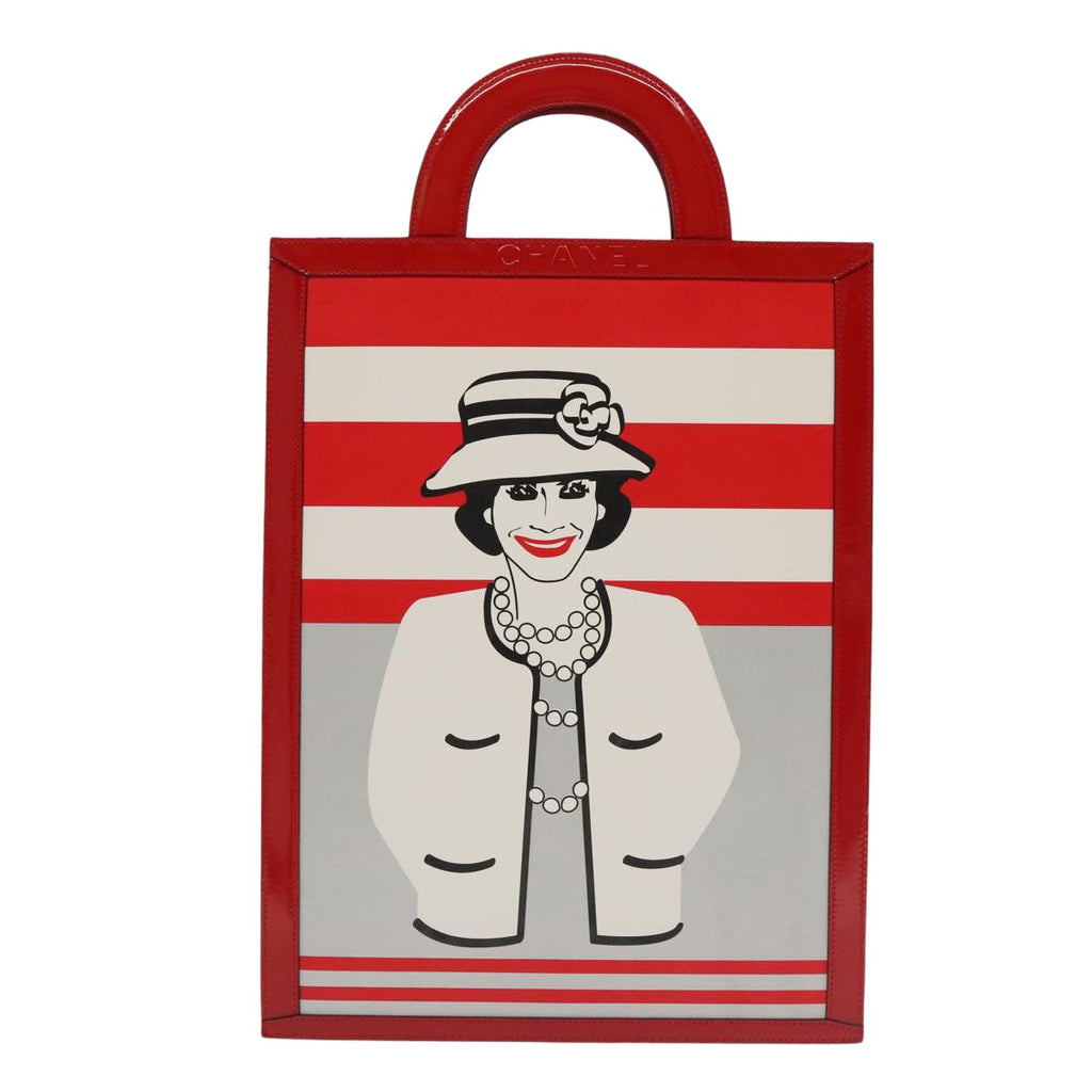 Chanel Vintage Portrait Tote Printed Leather And Quilted Patent Red Leather Tote Bag Bag