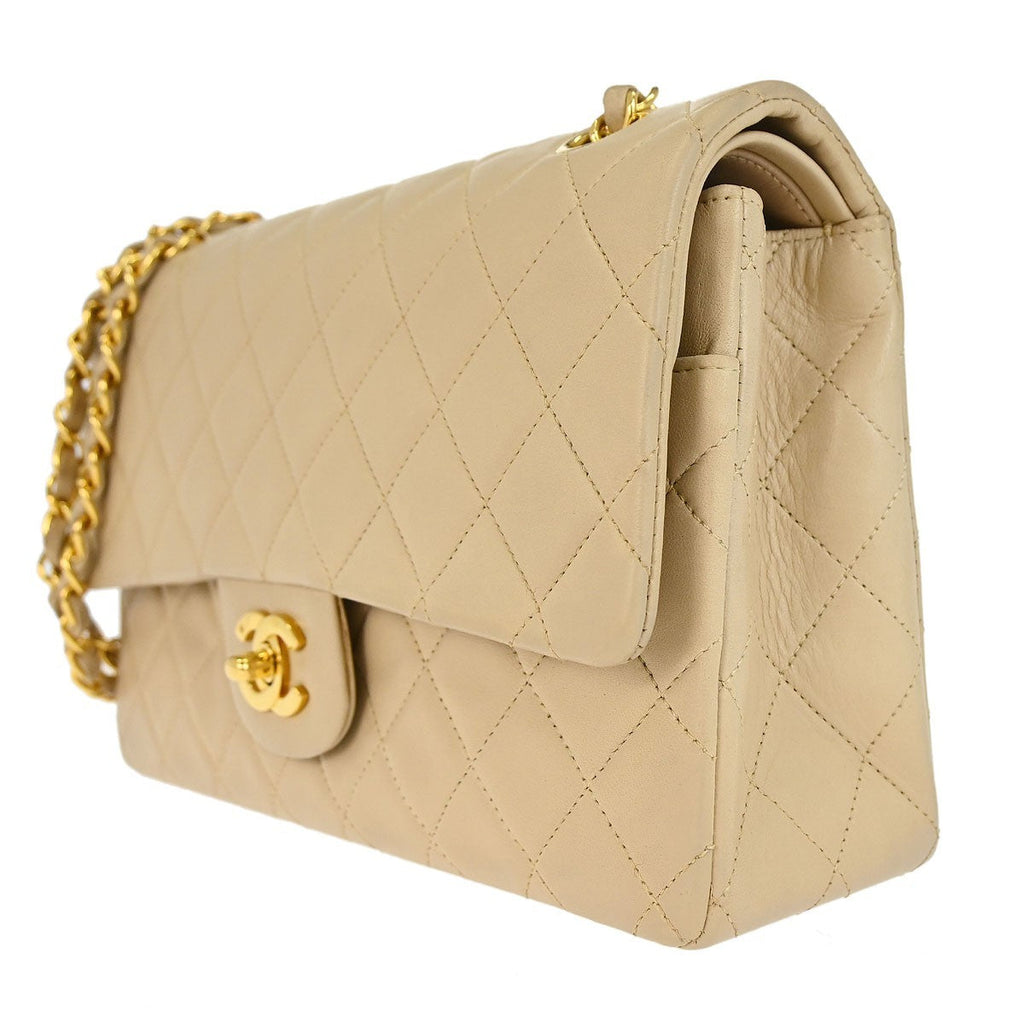 Chanel Vintage Classic Double Flap Bag Quilted Lambskin Beige Leather Shoulder Bag Bag