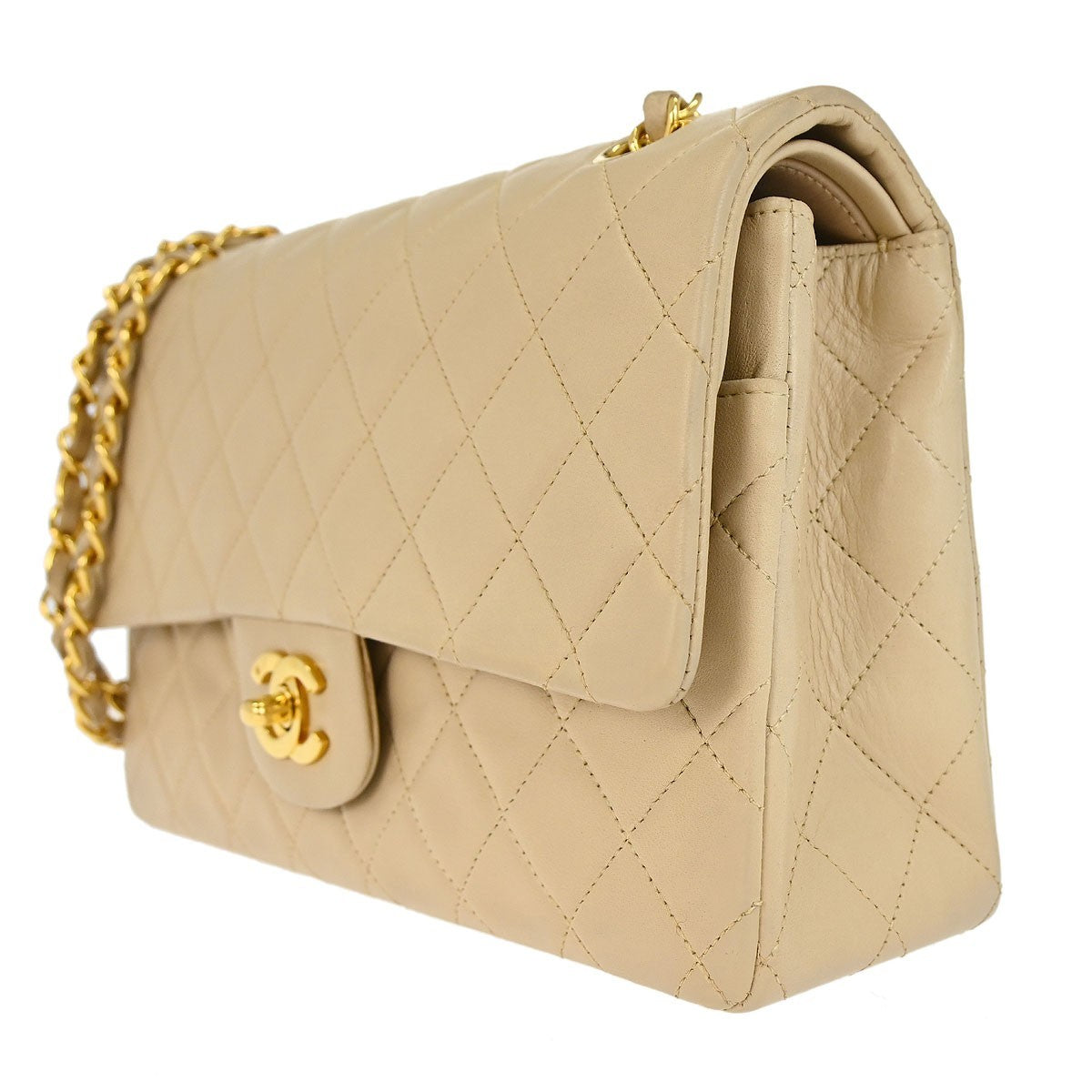 Chanel Vintage Classic Double Flap Bag Quilted Lambskin Beige Leather Shoulder Bag Bag