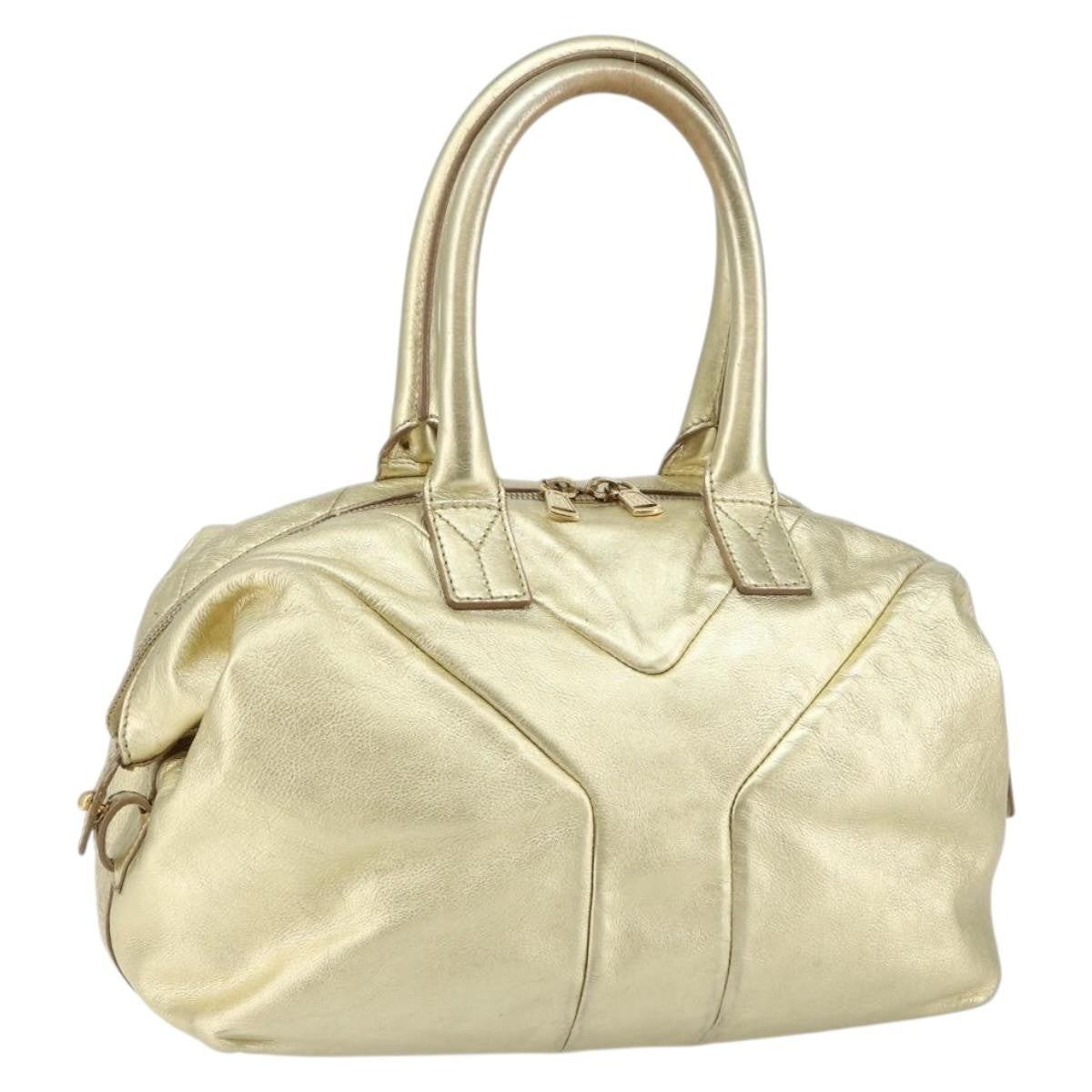 Saint Laurent Easy Y Bag Pebbled Leather Gold Leather Bag (Pre-Owned)