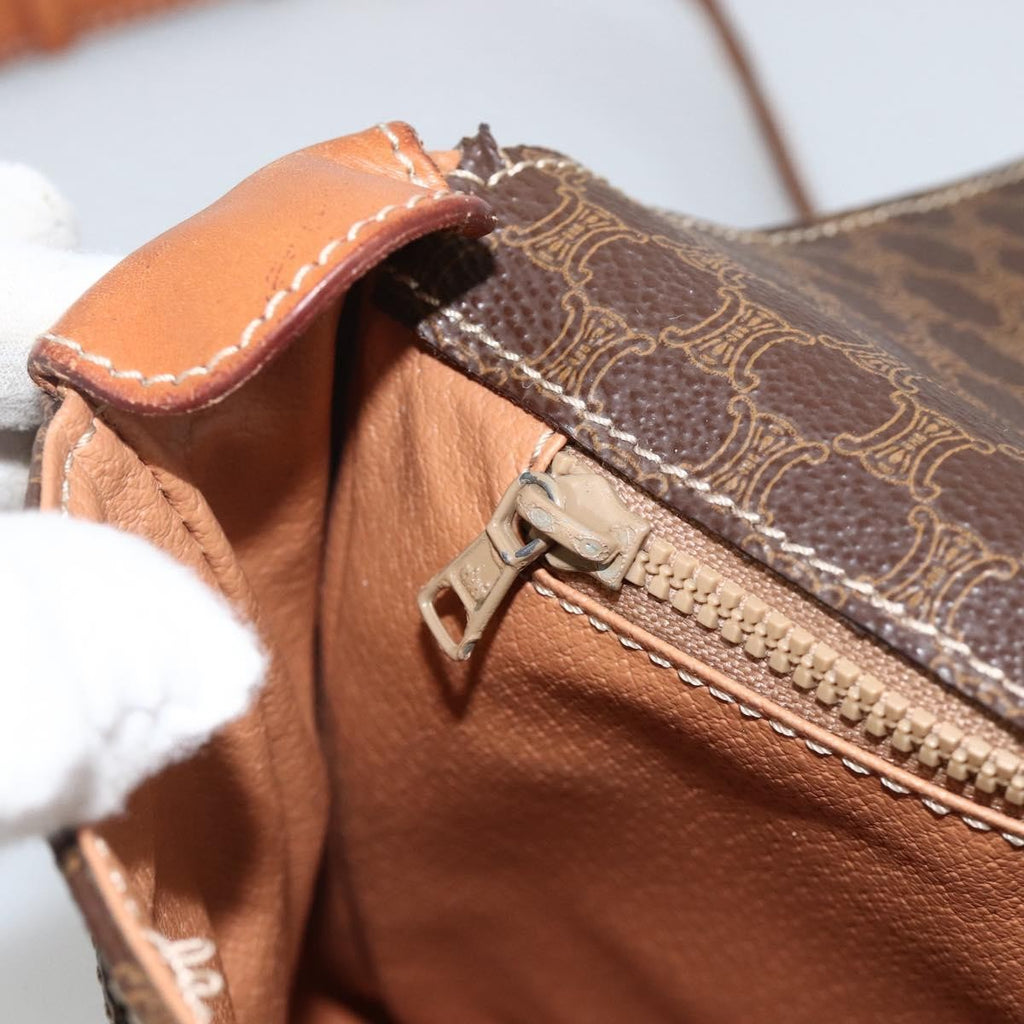 Celine Vintage Macadam Circle Logo Shoulder Bag Canvas And Leather Brown Canvas Shoulder Bag Bag