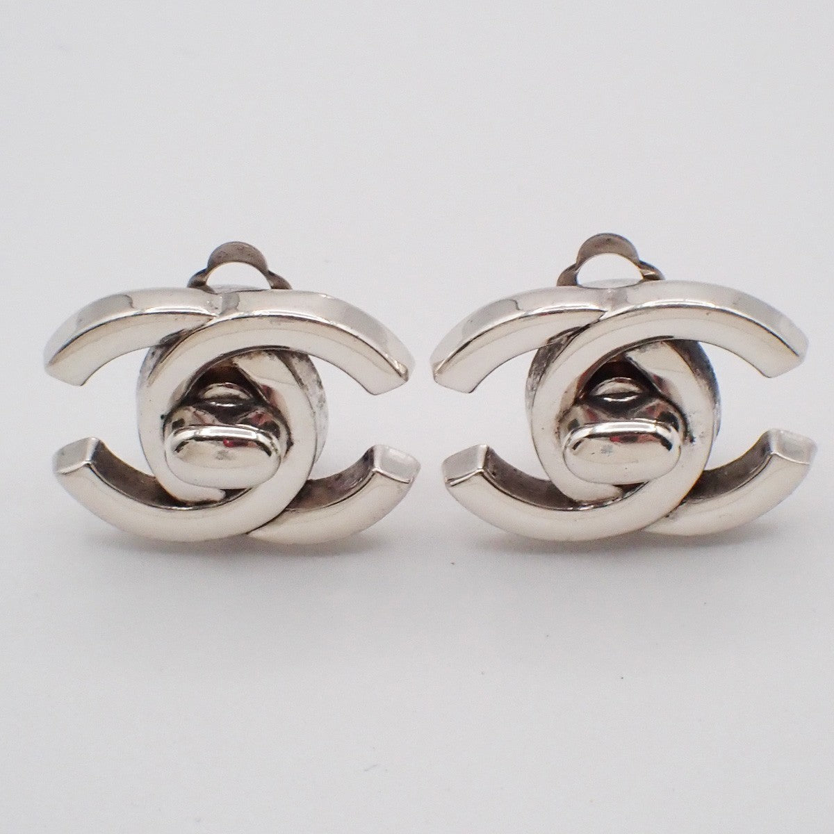 Chanel Cc Turnlock Clip-On Earrings Metal Silver Silver_Plated Earrings Jewelry