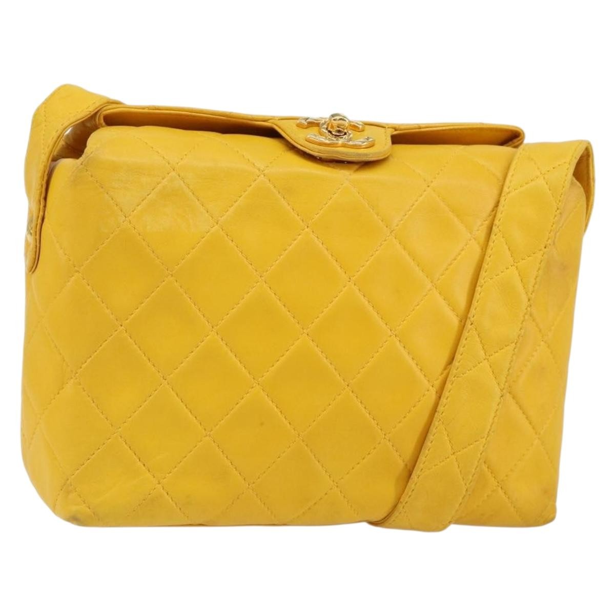 Chanel Vintage Cc Fold Over Shoulder Bag Quilted Lambskin Yellow Leather Shoulder Bag Bag