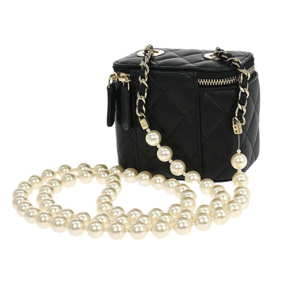 Chanel Vanity Case With Pearl Chain Quilted Lambskin Black Leather Shoulder Bag Bag