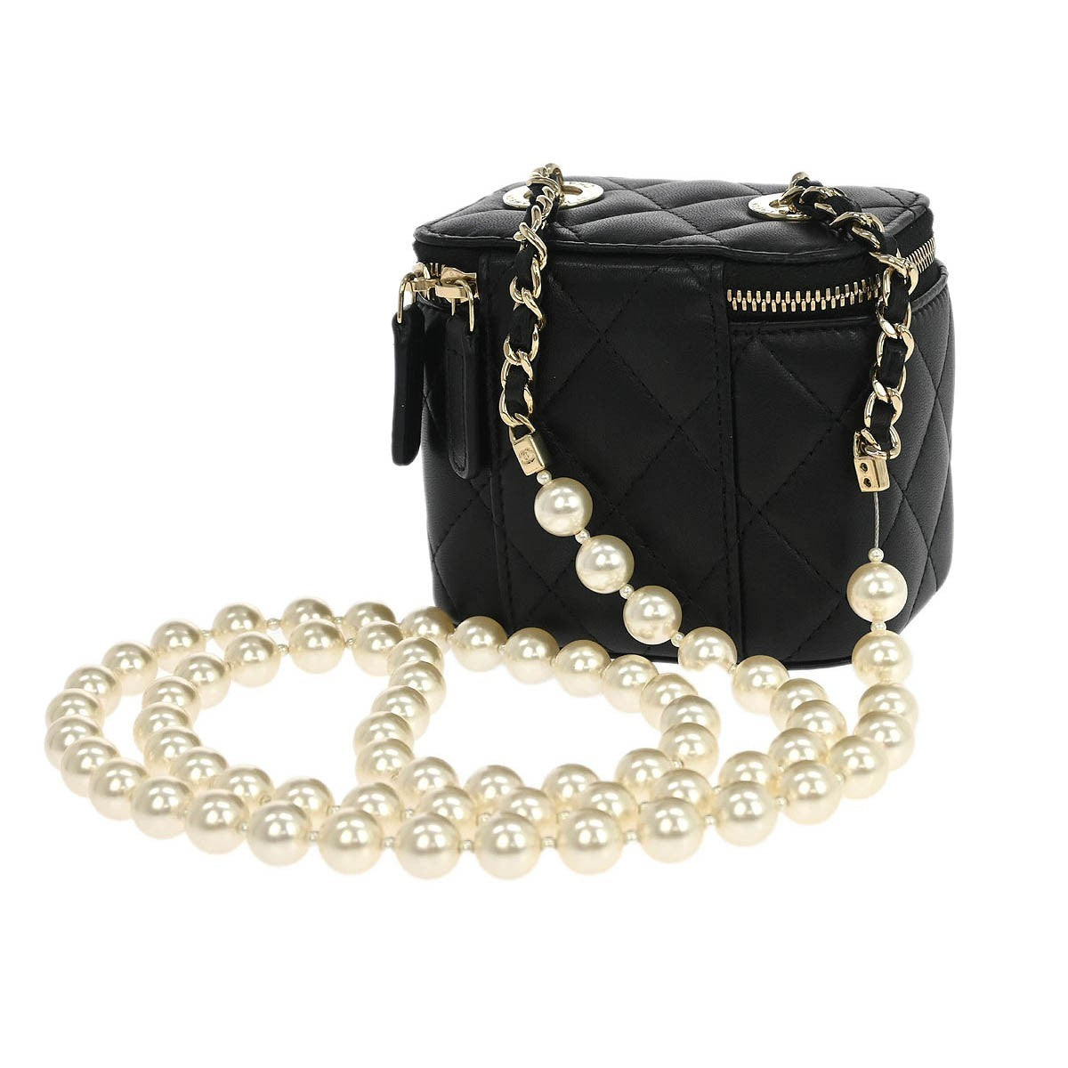 Chanel Vanity Case With Pearl Chain Quilted Lambskin Black Leather Shoulder Bag Bag