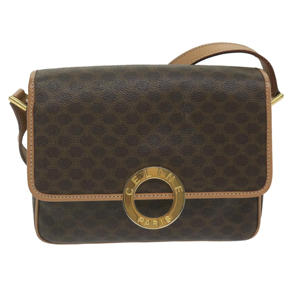 Celine Vintage Macadam Circle Logo Shoulder Bag Canvas And Leather Brown Canvas Shoulder Bag Bag