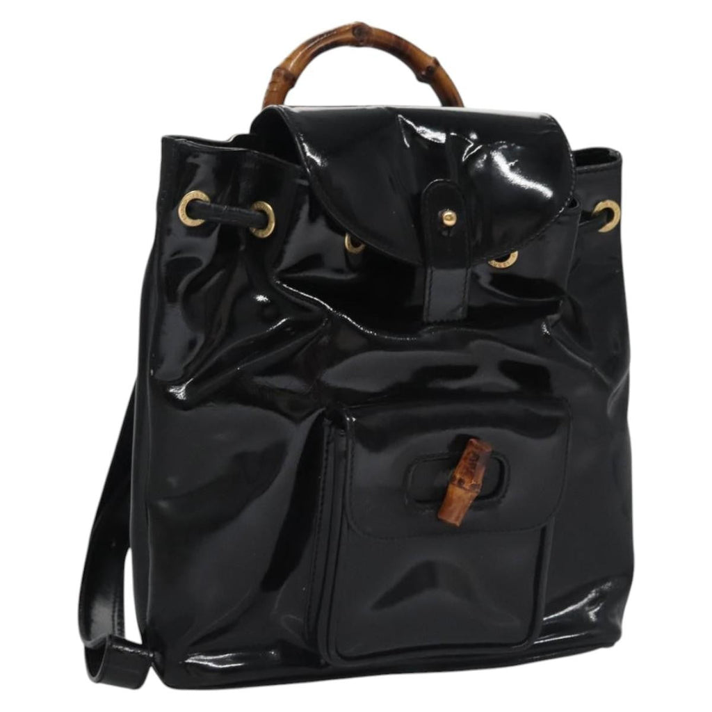 Gucci Vintage Bamboo Backpack Patent Black Patent_Leather Backpack Bag (Pre-Owned)