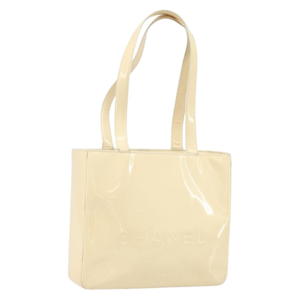 Chanel Vintage Embossed Logo Shoulder Bag Patent Beige Patent_Leather Tote Bag Bag