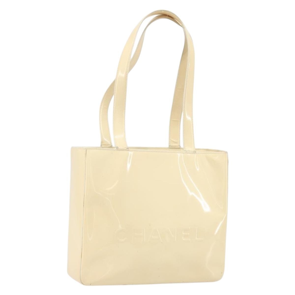 Chanel Vintage Embossed Logo Shoulder Bag Patent Beige Patent_Leather Tote Bag Bag
