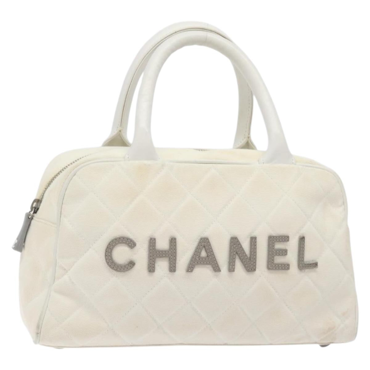 Chanel Vintage Logo Bowler Bag Quilted Canvas White Canvas Handbag