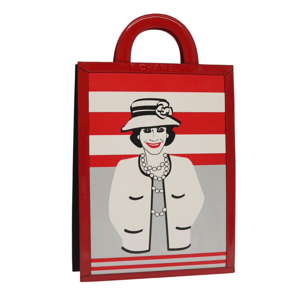 Chanel Vintage Portrait Tote Printed Leather And Quilted Patent Red Leather Tote Bag Bag