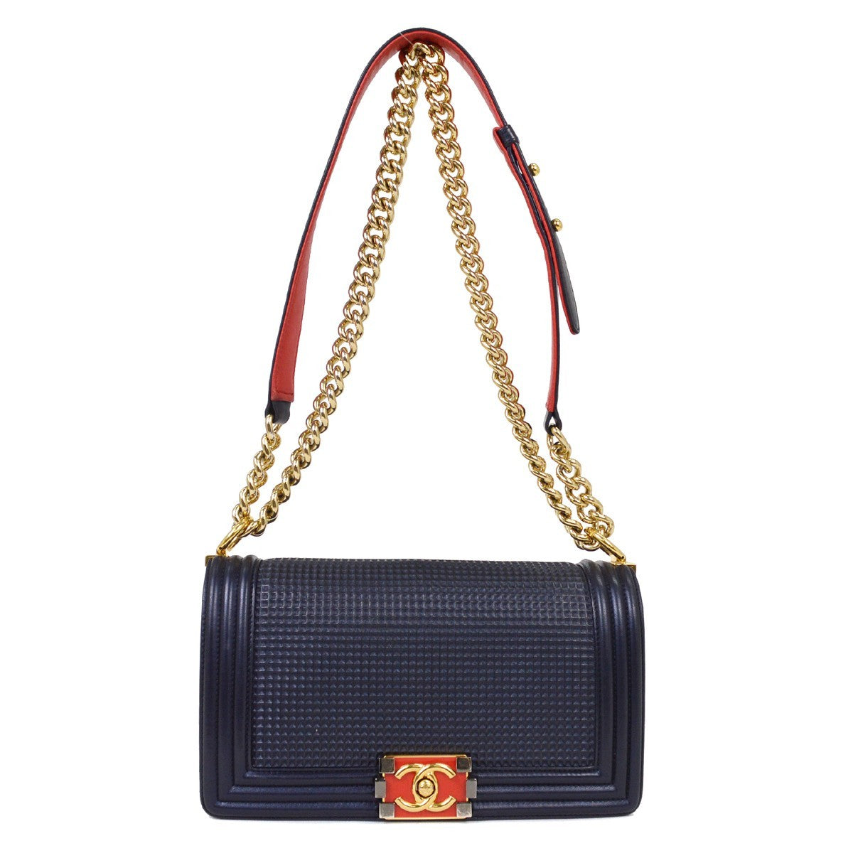Chanel Boy Flap Bag Cube Embossed Lambskin Navy Leather Shoulder Bag Bag