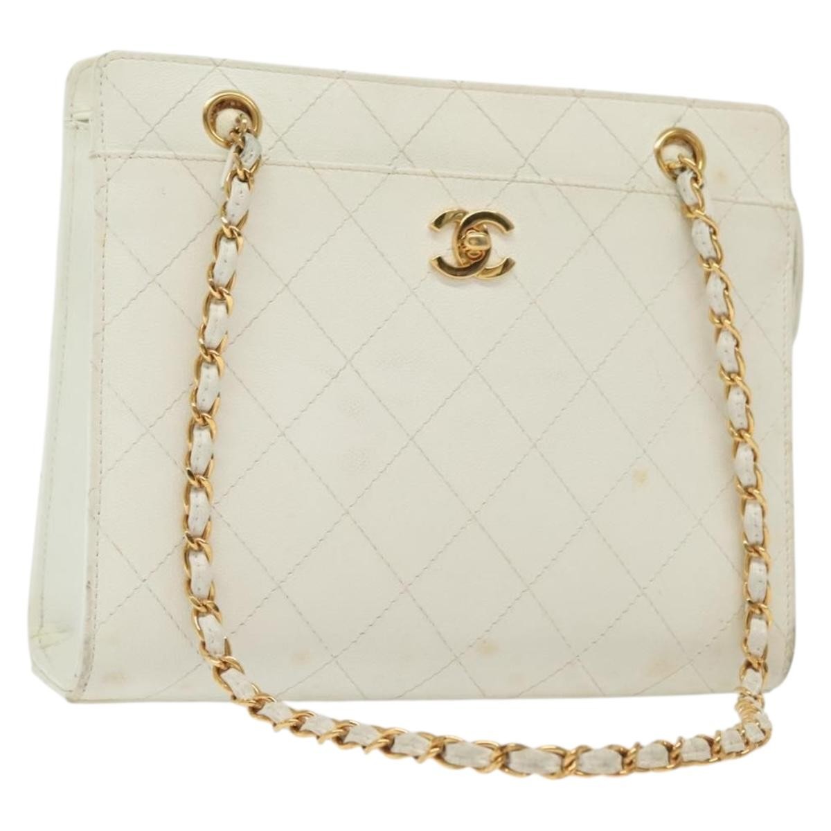 Chanel Cc Shoulder Bag Quilted Caviar White Leather Bag