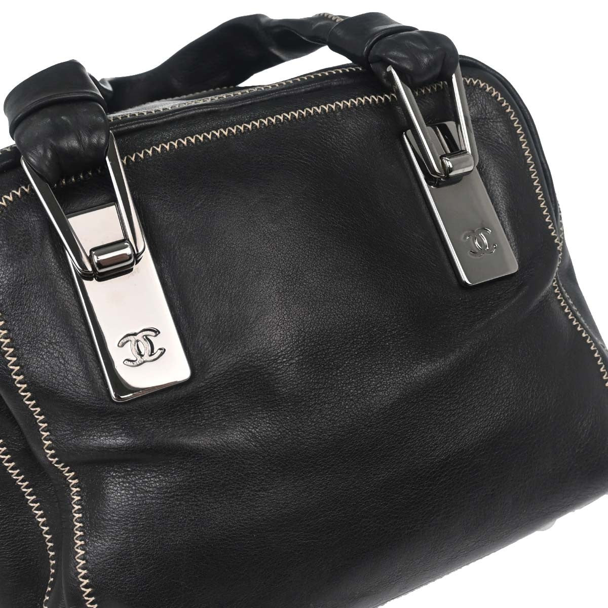 Chanel Cc Bowler Leather Black Leather Handbag