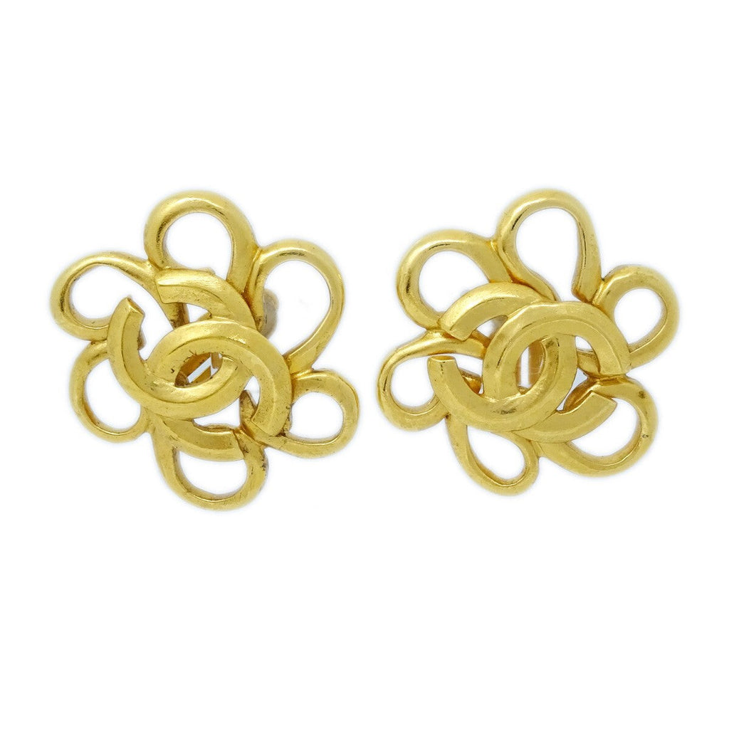 Chanel Vintage Cc Flower Clip-On Earrings Metal Gold Gold_Plated Earrings Jewelry