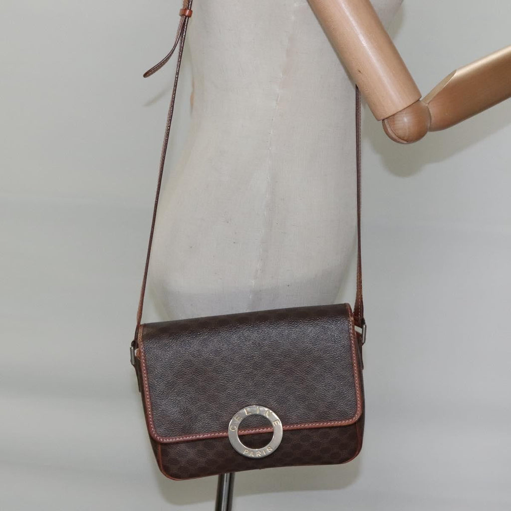 Celine Vintage Macadam Circle Logo Shoulder Bag Canvas And Leather Brown Canvas Shoulder Bag Bag