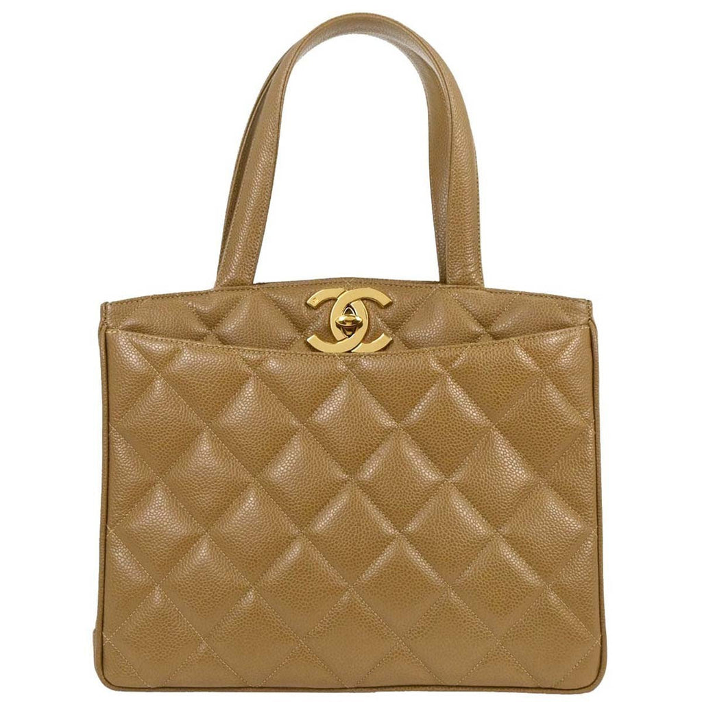 Chanel Vintage Cc Lock Pocket Tote Quilted Caviar Beige Leather Tote Bag Bag