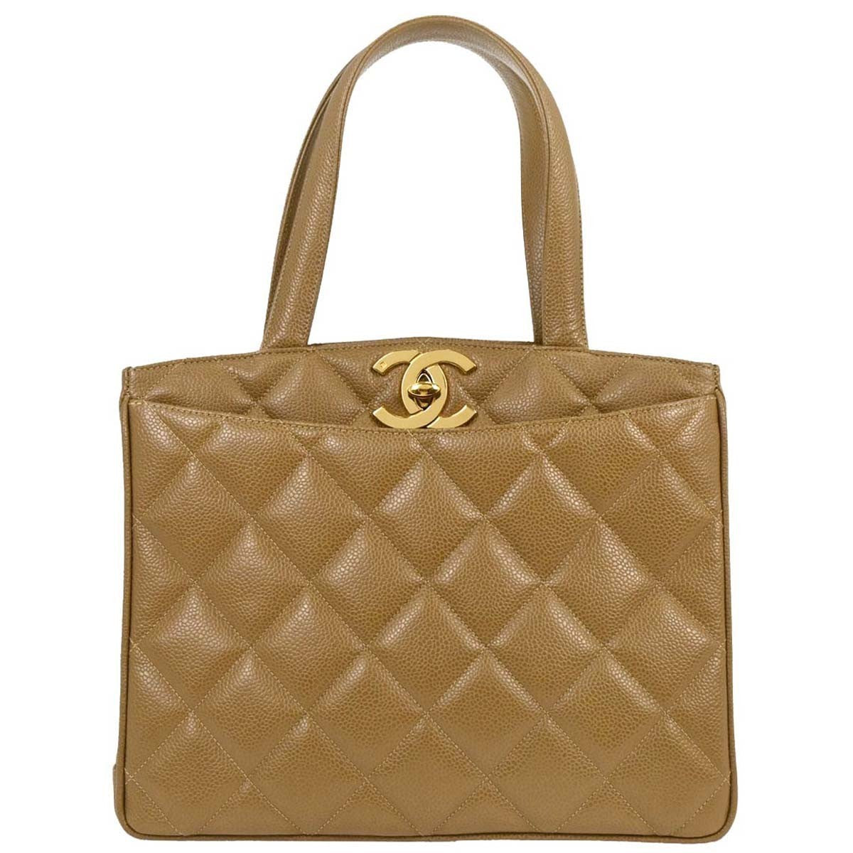 Chanel Vintage Cc Lock Pocket Tote Quilted Caviar Beige Leather Tote Bag Bag