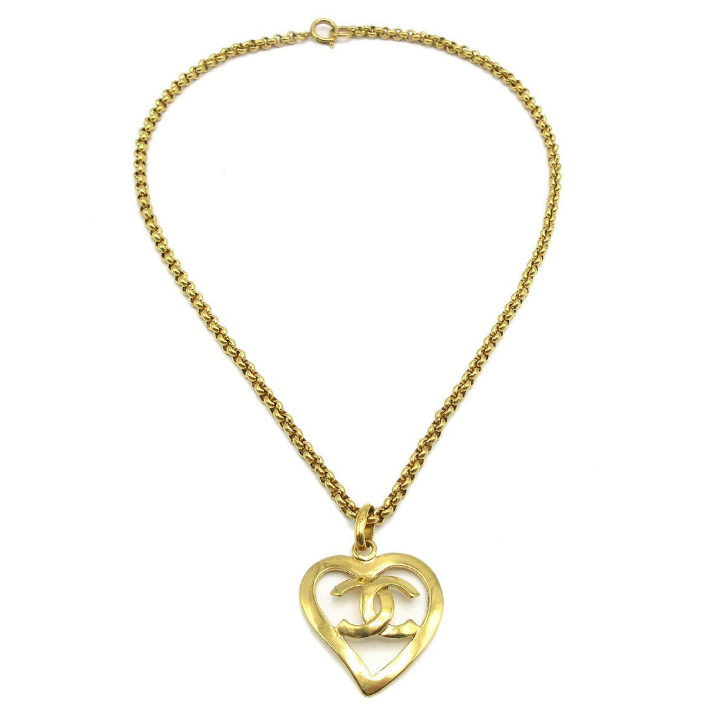 Chanel Cc Heart Pendant Necklace Metal Gold Gold_Plated Necklace Jewelry