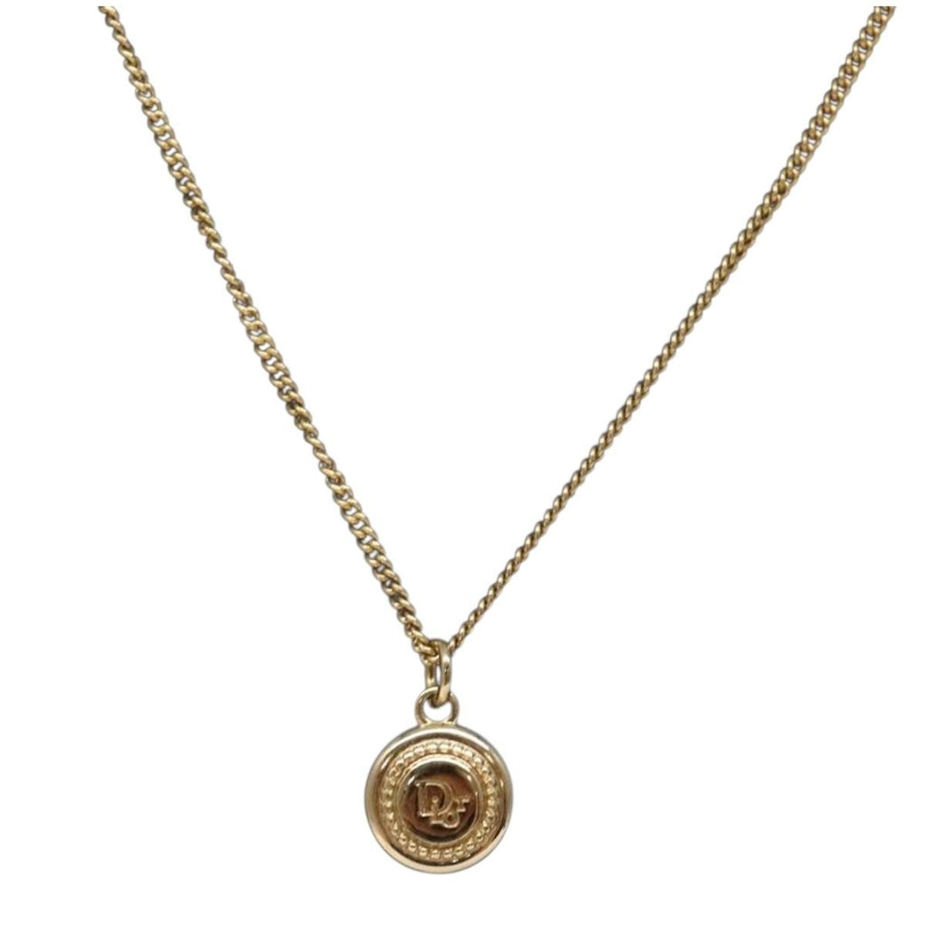 Christian Dior Vintage Logo Round Pendant Necklace Metal Gold Metal Jewelry (Pre-Owned)