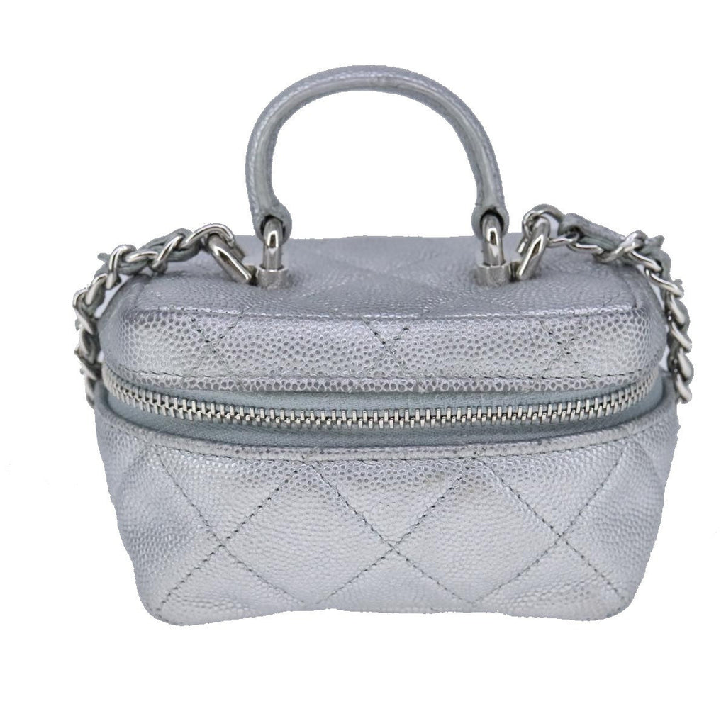 Chanel Classic Vanity Case With Chain Quilted Caviar Silver Leather Shoulder Bag Bag