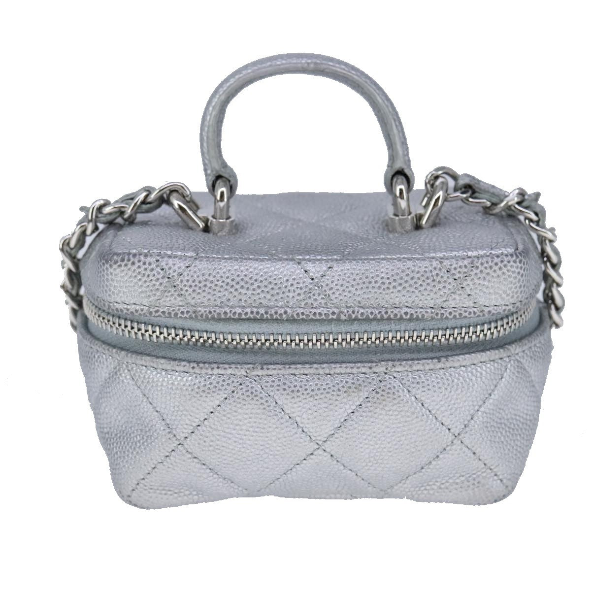 Chanel Classic Vanity Case With Chain Quilted Caviar Silver Leather Shoulder Bag Bag