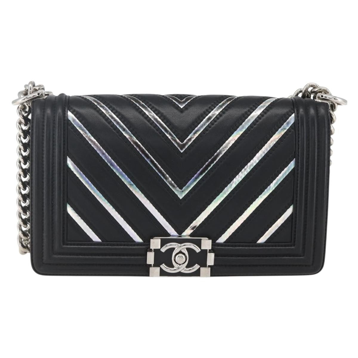 Chanel Boy Flap Bag Chevron Lambskin With Holographic Pvc Black Leather Shoulder Bag Bag