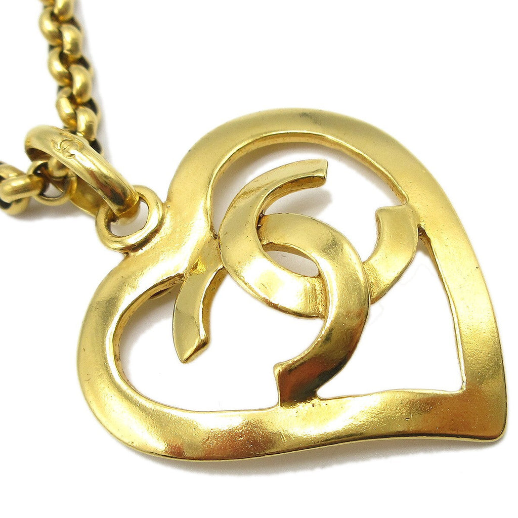 Chanel Cc Heart Pendant Necklace Metal Gold Gold_Plated Necklace Jewelry