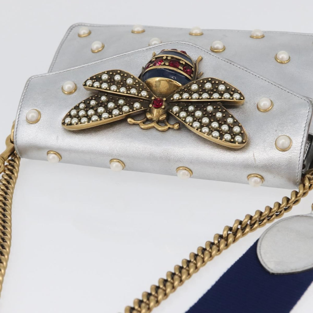 Gucci Broadway Pearly Bee Shoulder Bag Embellished Leather Silver Leather Shoulder Bag Bag (Pre-Owned)