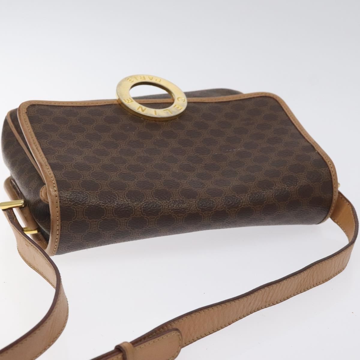 Celine Vintage Macadam Circle Logo Shoulder Bag Canvas And Leather Brown Canvas Shoulder Bag Bag