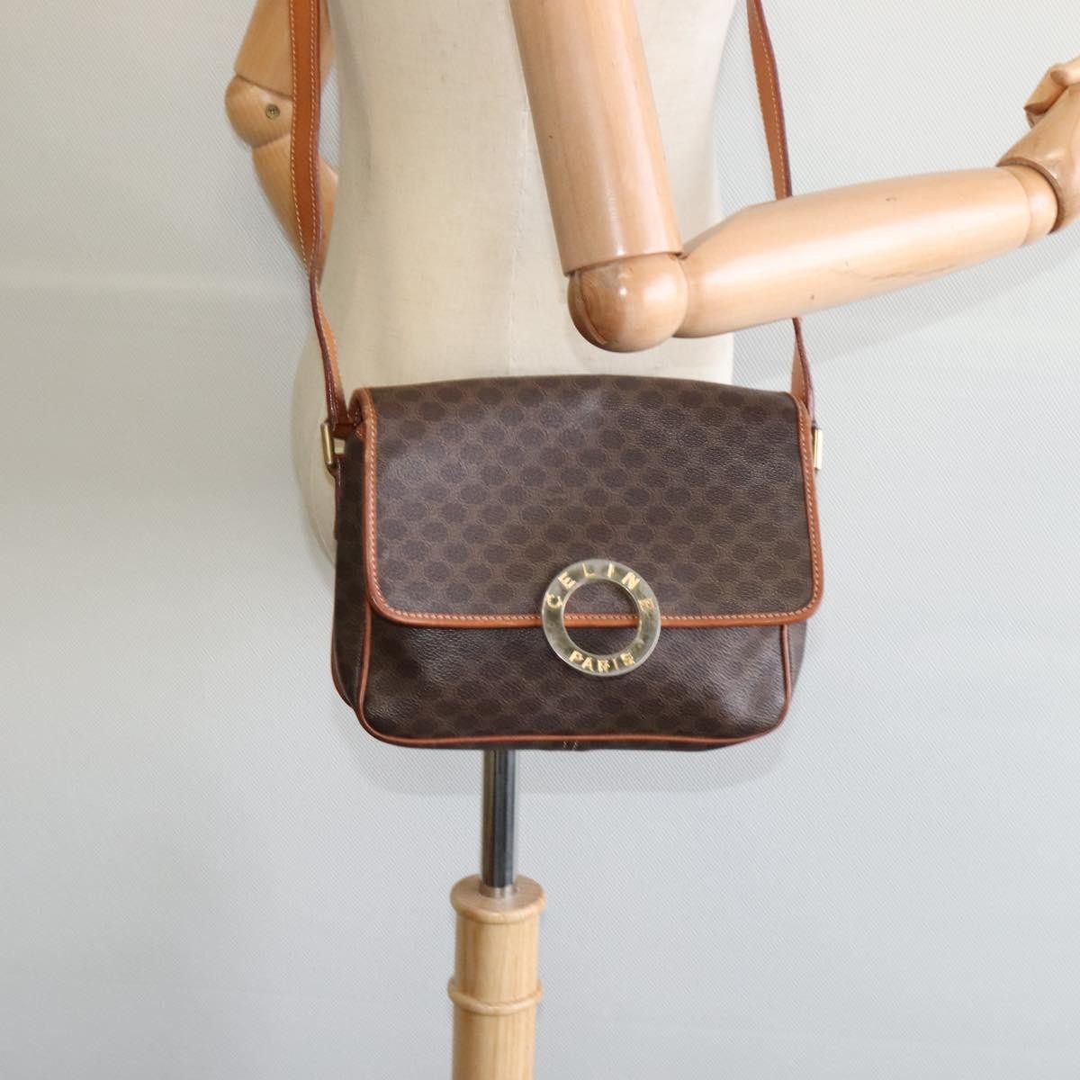 Celine Vintage Macadam Circle Logo Shoulder Bag Canvas And Leather Brown Canvas Shoulder Bag Bag