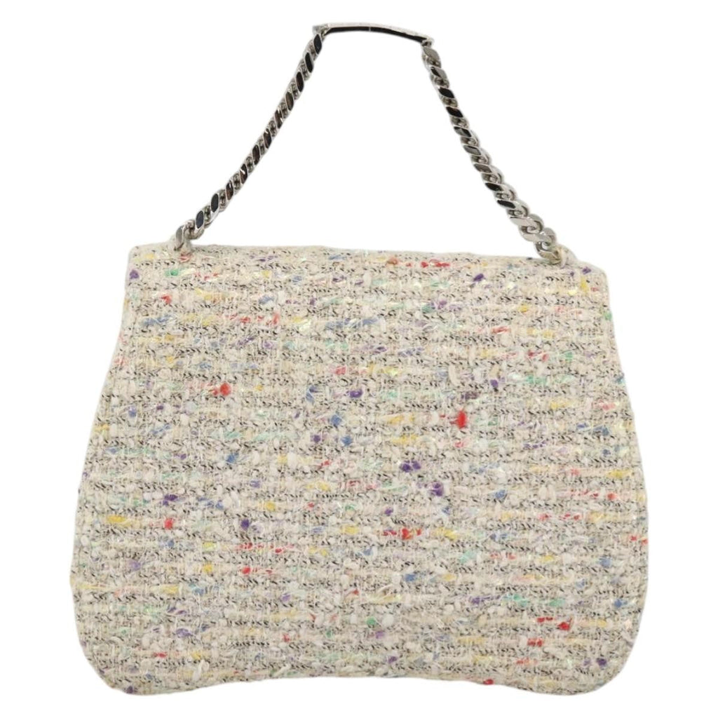 Chanel Vintage Cc Chain Top Handle Bag Quilted Tweed White Tweed Handbag