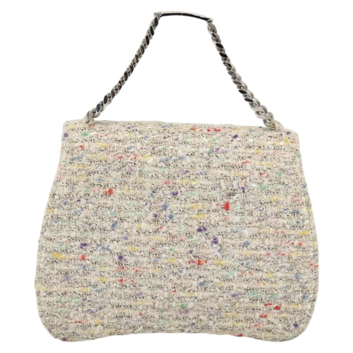 Chanel Vintage Cc Chain Top Handle Bag Quilted Tweed White Tweed Handbag