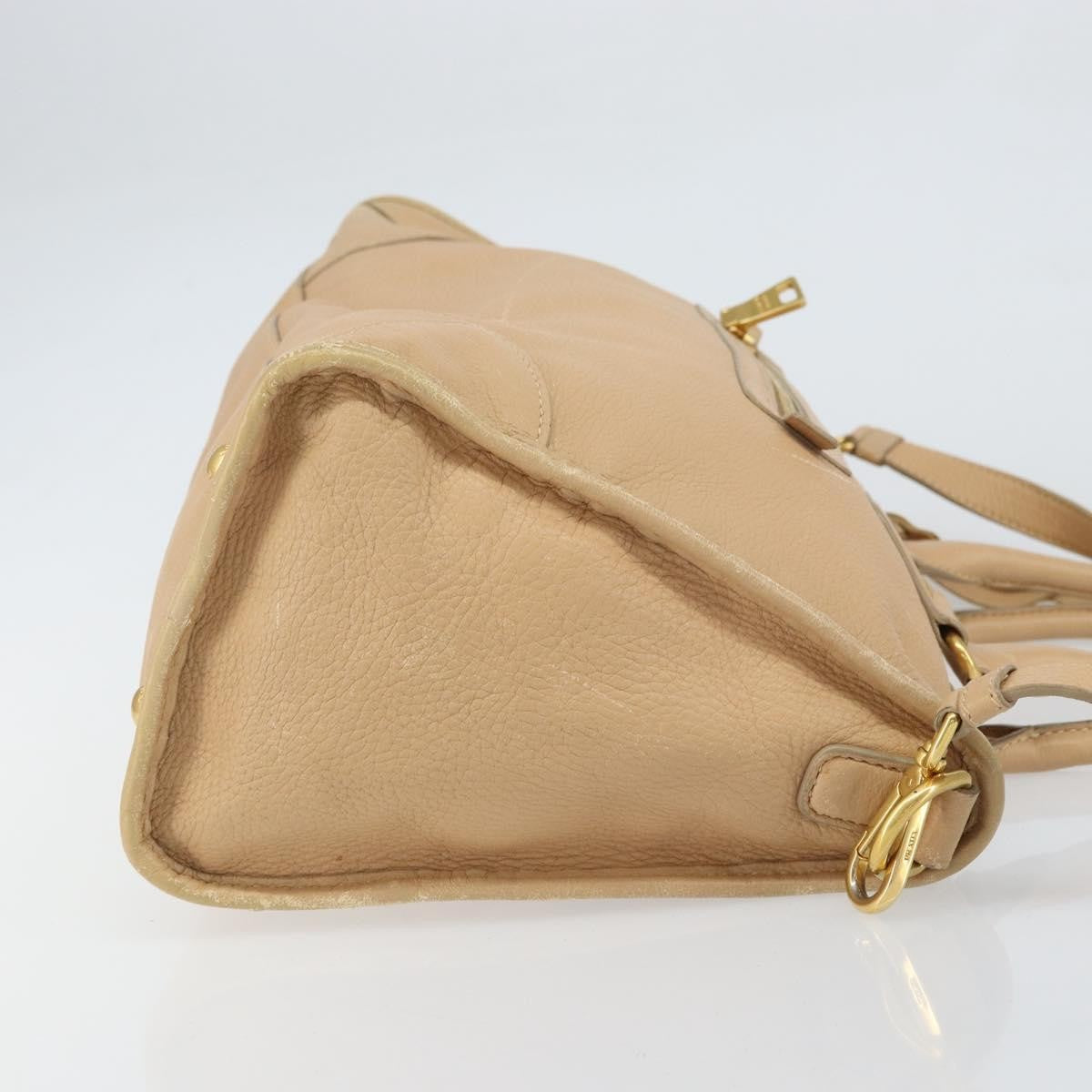 Prada Front Zip Convertible Satchel Cervo Leather Beige Leather Handbag