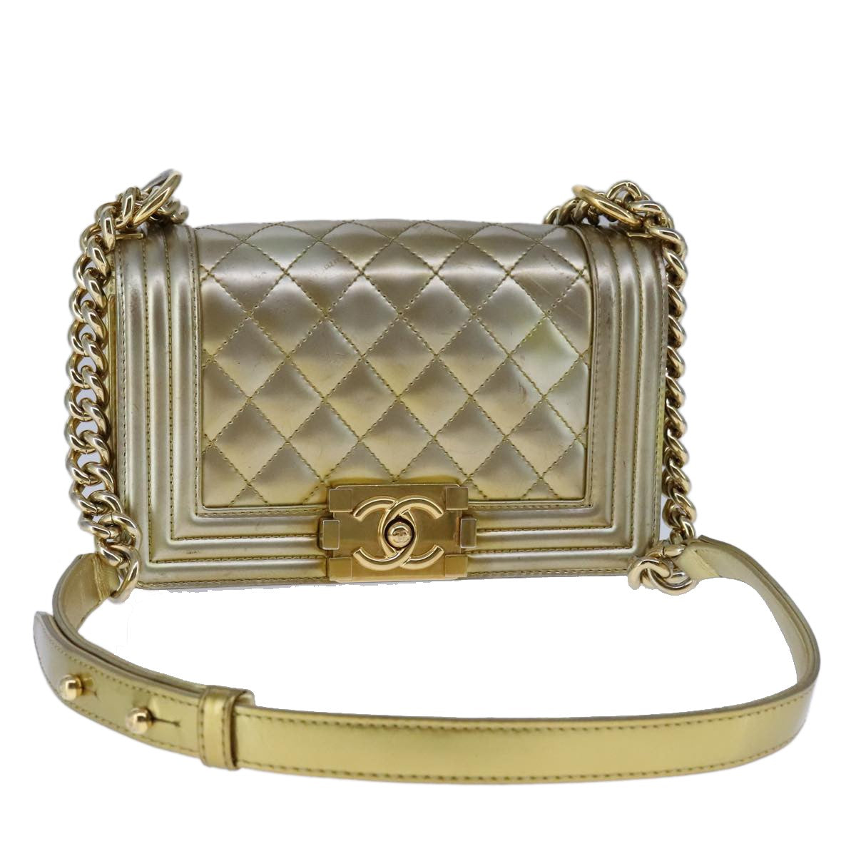 Chanel Boy Flap Bag Quilted Patent Gold Patent_Leather Shoulder Bag Bag