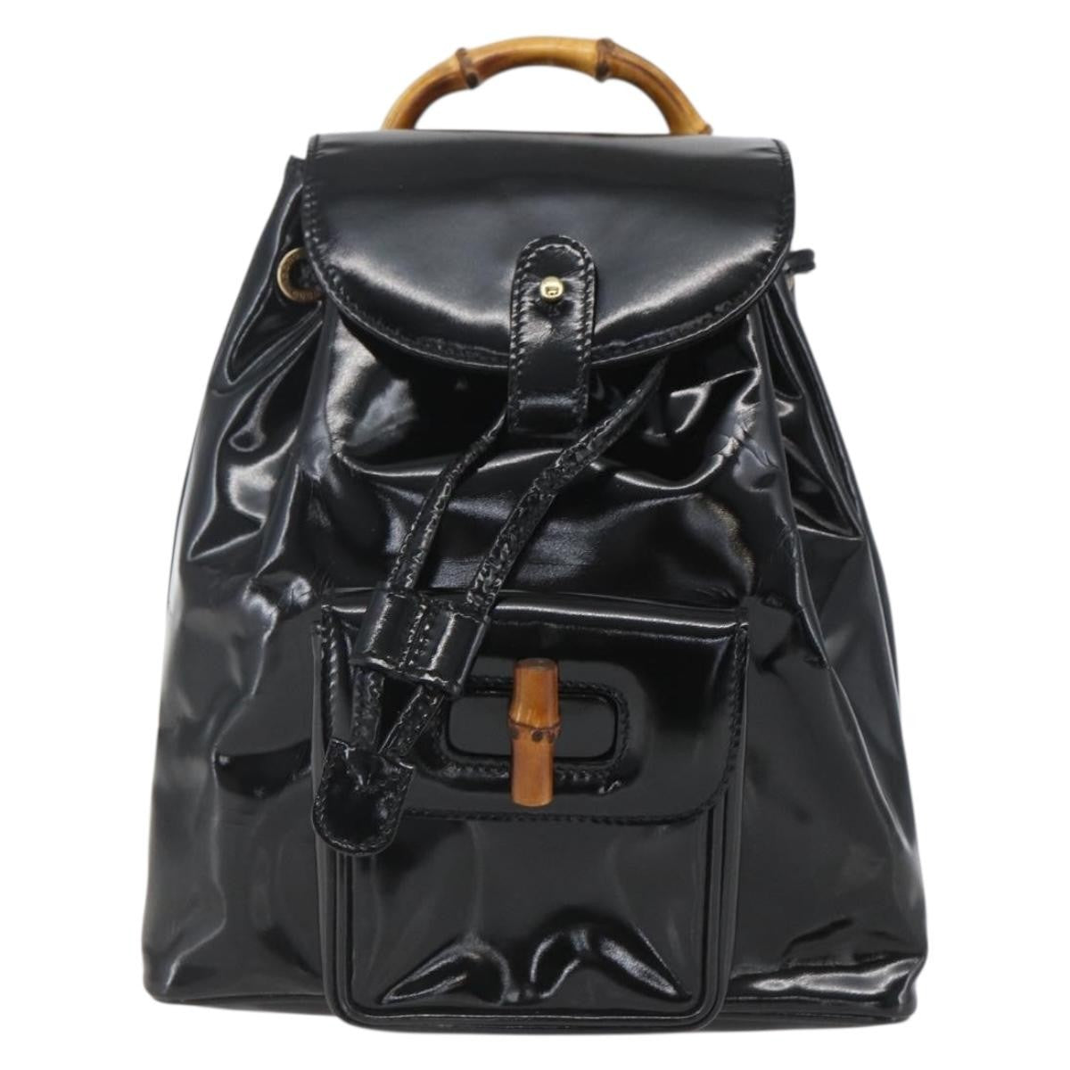 Gucci Vintage Bamboo Backpack Patent Black Patent_Leather Backpack Bag (Pre-Owned)