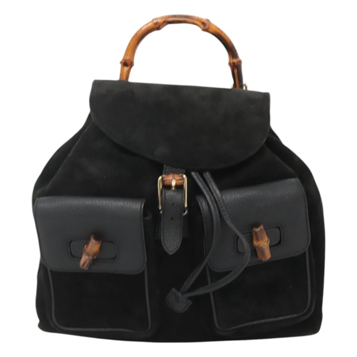 Gucci Vintage Bamboo Backpack Suede And Leather Black Suede Backpack Bag (Pre-Owned)