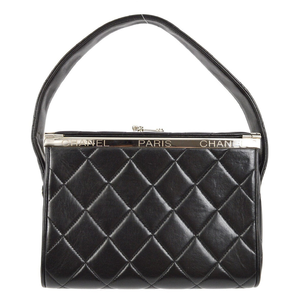 Chanel Vintage Metal Box Bag Quilted Lambskin Black Leather Handbag