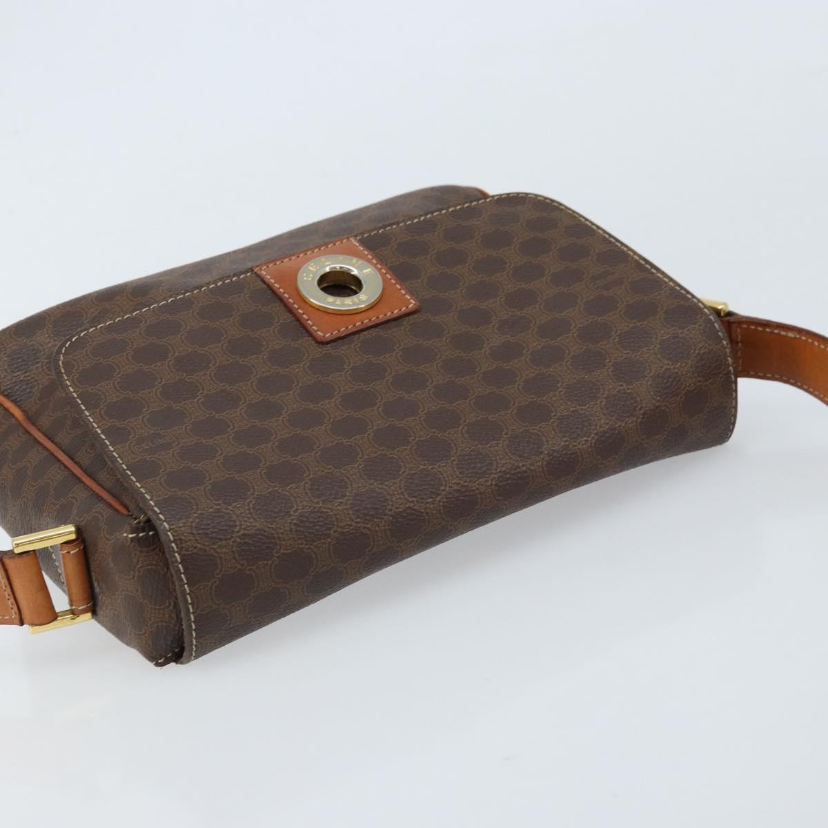 Celine Vintage Macadam Circle Logo Shoulder Bag Canvas And Leather Brown Canvas Shoulder Bag Bag