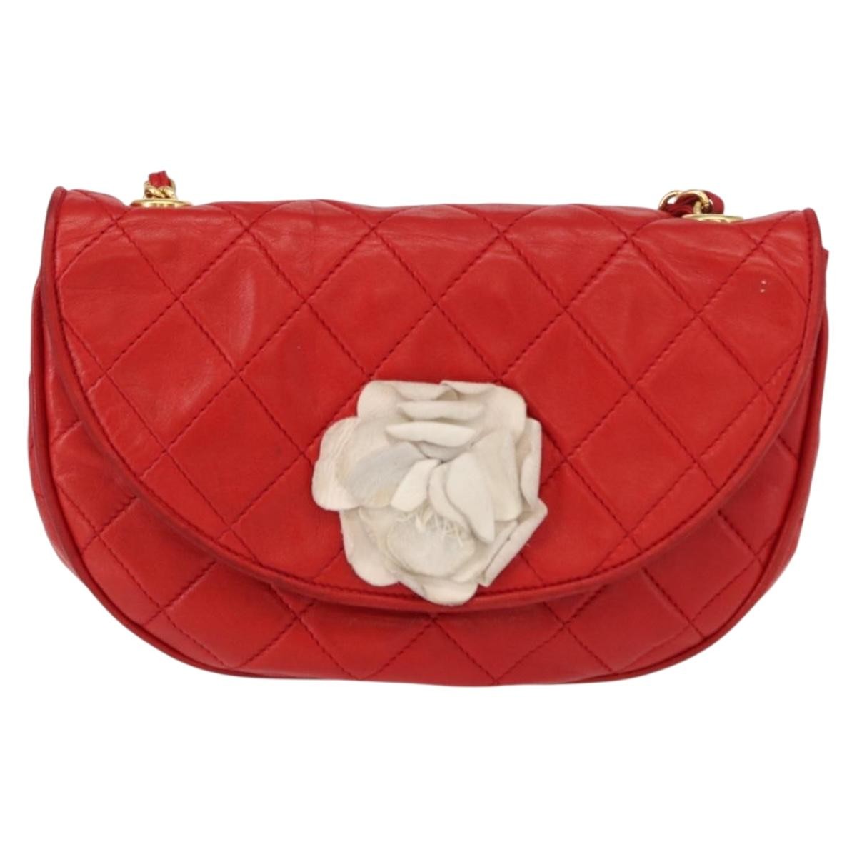 Chanel Camellia Rounded Clutch Satin And Leather Red Leather Shoulder Bag Bag