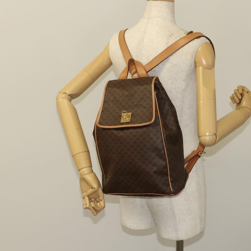 Celine Vintage Drawstring Flap Backpack Macadam Coated Canvas Brown Canvas Backpack Bag