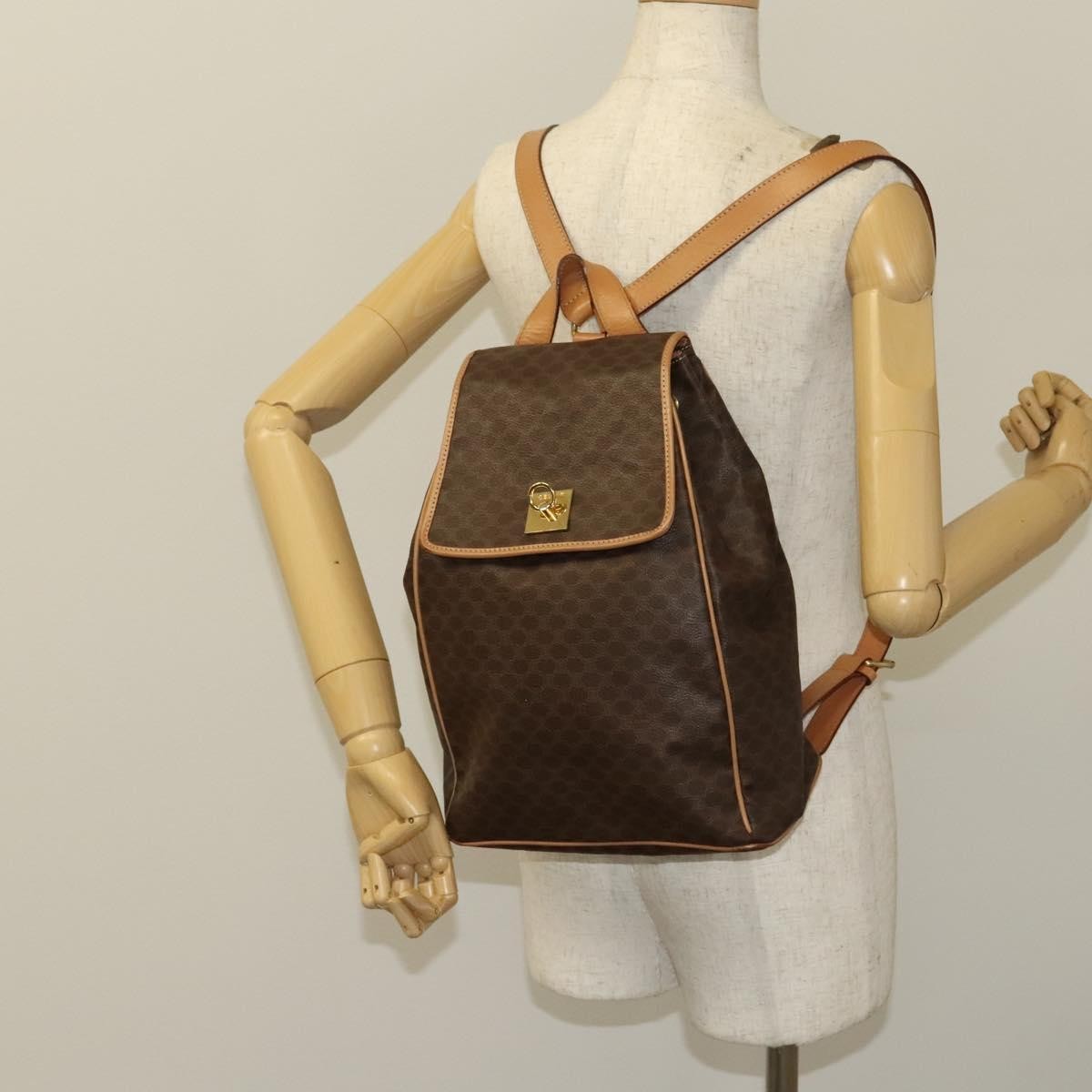 Celine Vintage Drawstring Flap Backpack Macadam Coated Canvas Brown Canvas Backpack Bag