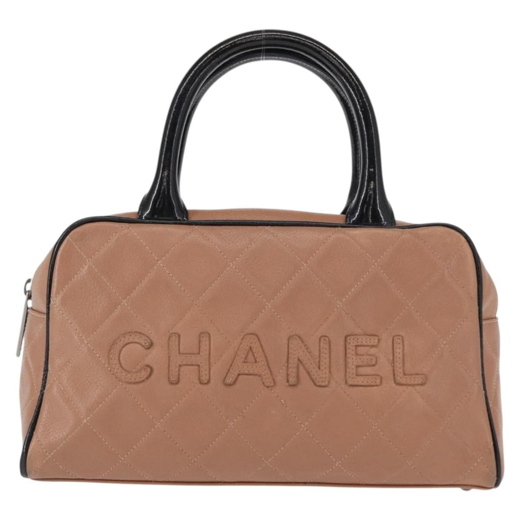 Chanel Embossed Logo Bowler Bag Quilted Caviar Beige Leather Handbag