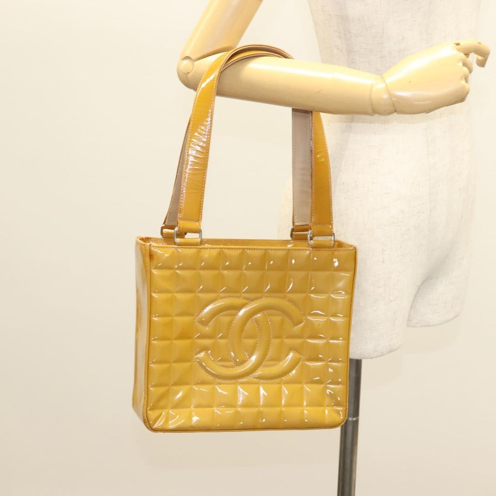 Chanel Chocolate Bar Cc Tote Quilted Patent Yellow Patent_Leather Handbag