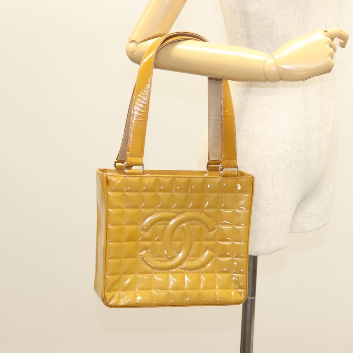 Chanel Chocolate Bar Cc Tote Quilted Patent Yellow Patent_Leather Handbag